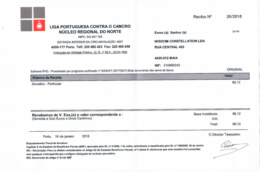 Comprovativo do donativo à instituição
